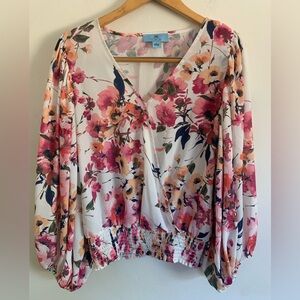 CeCe Wrap Smocked Floral Blouse Balloon Sleeves Size L